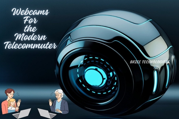 State-of-the-art webcam technology for modern telecommuters available at BrZee Technologiees in Gandhipuram, Coimbatore, showcasing a futuristic black webcam ideal for professional video conferencing, with illustrated remote workers engaging in a virtual meeting