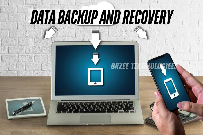 Data backup and recovery services at BrZee Technologiees in Gandhipuram, Coimbatore, showcased with a laptop and smartphone synchronizing data, emphasizing our expertise in safeguarding and restoring your valuable digital information